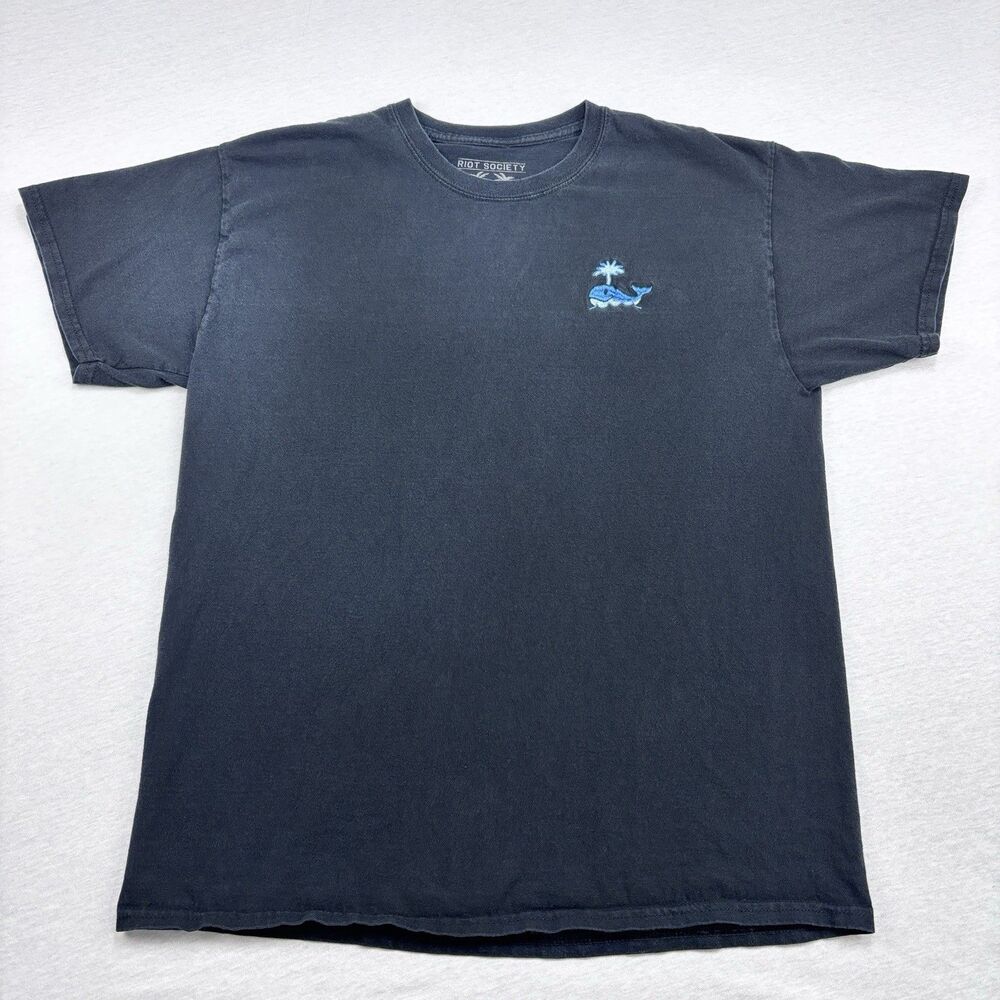 Riot Society T-Shirt L Black Blue Whale Palm Embroidered Cotton